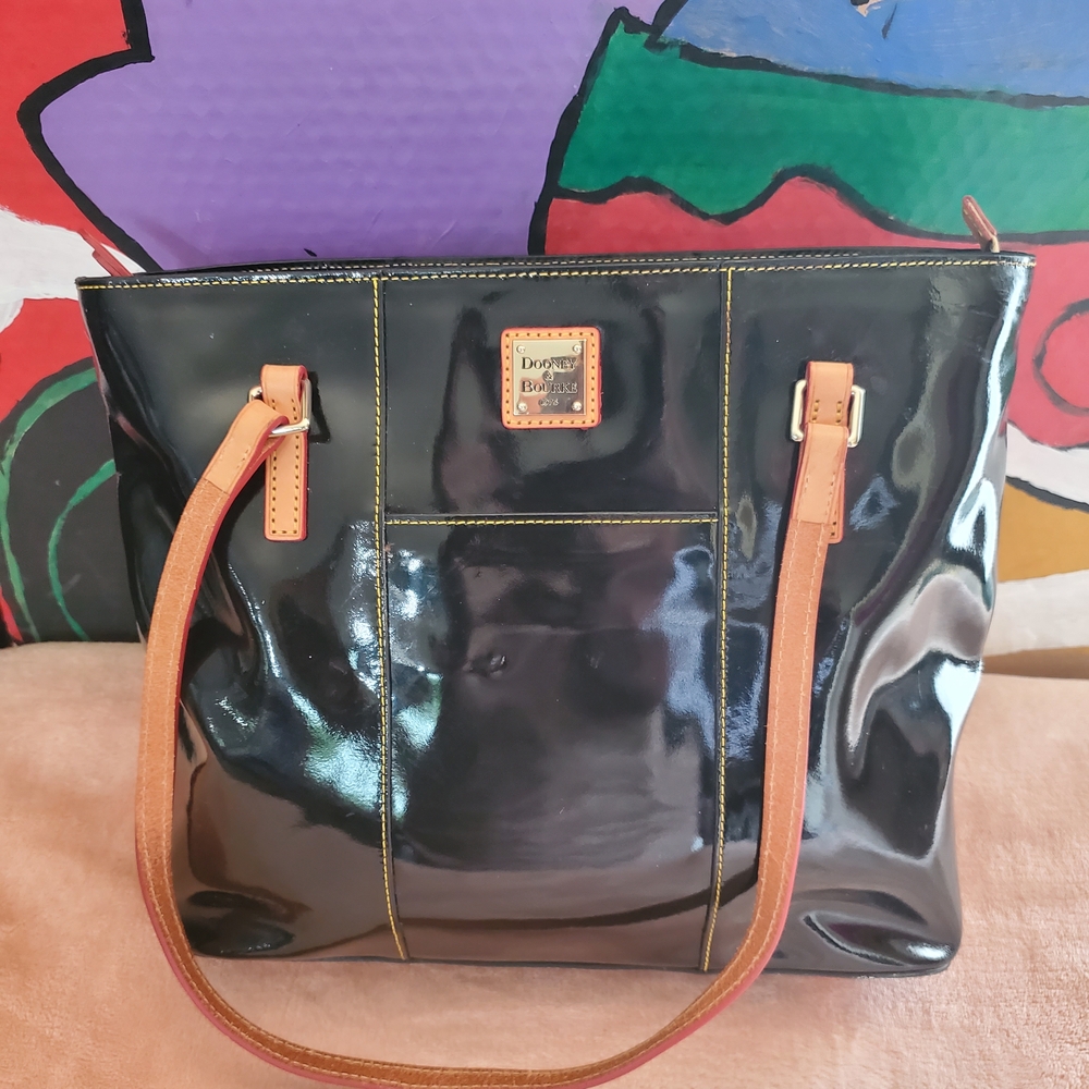 Dooney & Bourke Black Patent Tote with Tan Straps